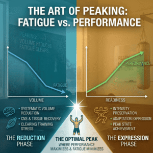 Peaking Guide infographic: left graph shows dropping fatigue and reduced volume; right graph shows rising performance and preserved intensity