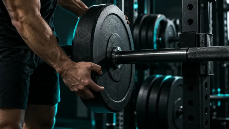 Generated illustration of hands sliding a plate onto a rack-supported barbell.