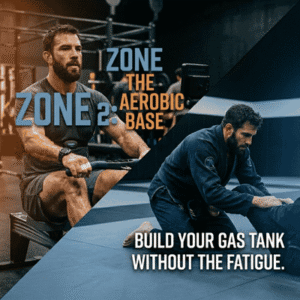 Split graphic of rower and BJJ fighter with Zone 2 text