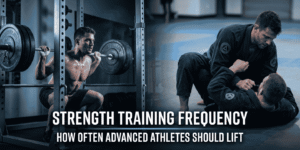 Split screen showing a male athlete performing a heavy barbell squat on the left, and training Brazilian Jiu-Jitsu on a mat on the right