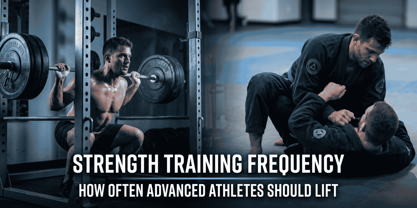 Split screen showing a male athlete performing a heavy barbell squat on the left, and training Brazilian Jiu-Jitsu on a mat on the right