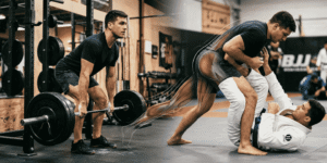 Split view of an athlete deadlifting on the left and wrestling/grappling on the right with muscular highlights