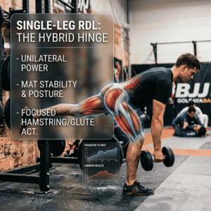 Square 1:1 image of an athlete doing a single-leg RDL with an anatomy overlay and benefit text