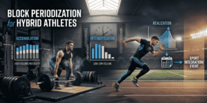 A conceptual infographic about Block Periodization for hybrid athletes, illustrating lifting, running, and charts