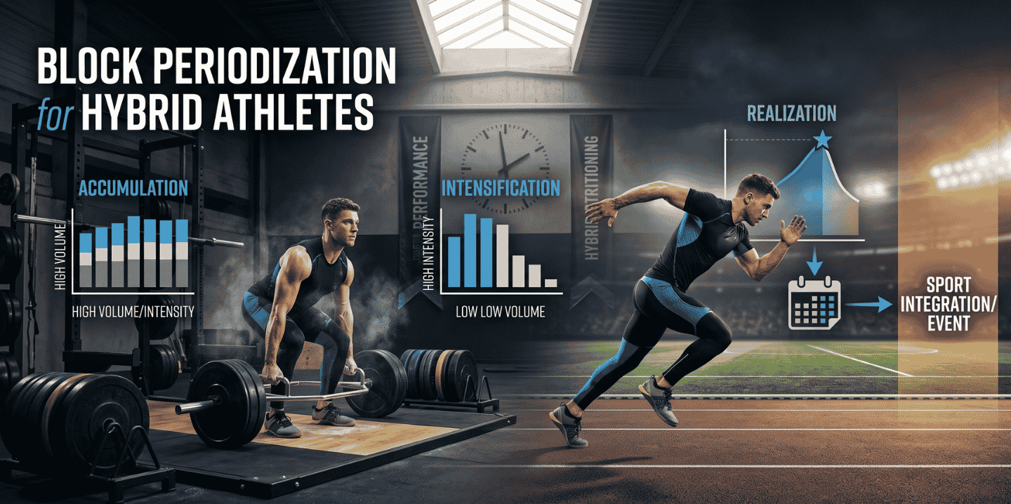 A conceptual infographic about Block Periodization for hybrid athletes, illustrating lifting, running, and charts