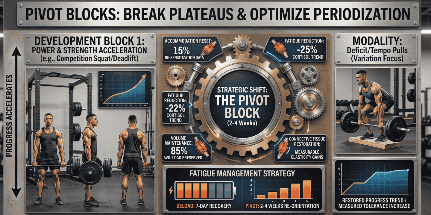 A detailed infographic in a gym explaining "Pivot Blocks" for periodization