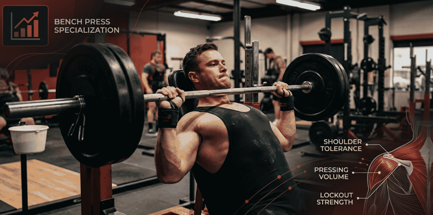 A fit male lifter performs an incline bench press in a gym with graphical overlays highlighting shoulder anatomy and specialized strength concepts