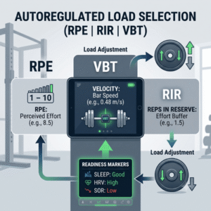 A flow diagram showing how RPE, RIR, and central VBT metrics (like bar speed and readiness markers) drive weight load adjustments