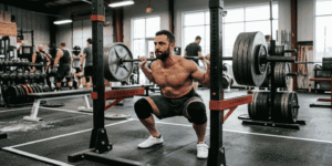 A focused lifter performing a deep barbell back squat in a strength gym