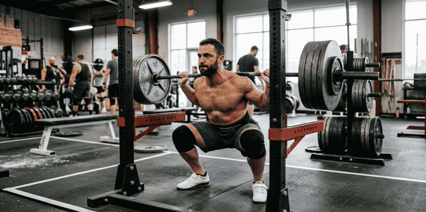 A focused lifter performing a deep barbell back squat in a strength gym