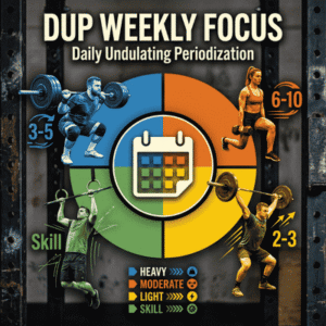 A four-quadrant DUP training infographic illustrating weekly focus for heavy, moderate, light, and skill sessions