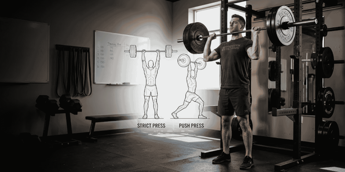 A lifter with a barbell, alongside biomechanical overlays comparing strict press and push press forms and muscle activation