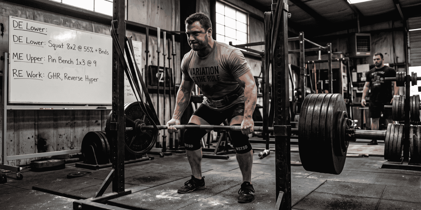 A male athlete deadlifting a heavily loaded barbell in a gym, wearing a belt and knee sleeves, with a whiteboard of workout instructions in the background