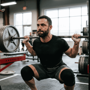 A muscular man with a beard performing a back squat in a gym