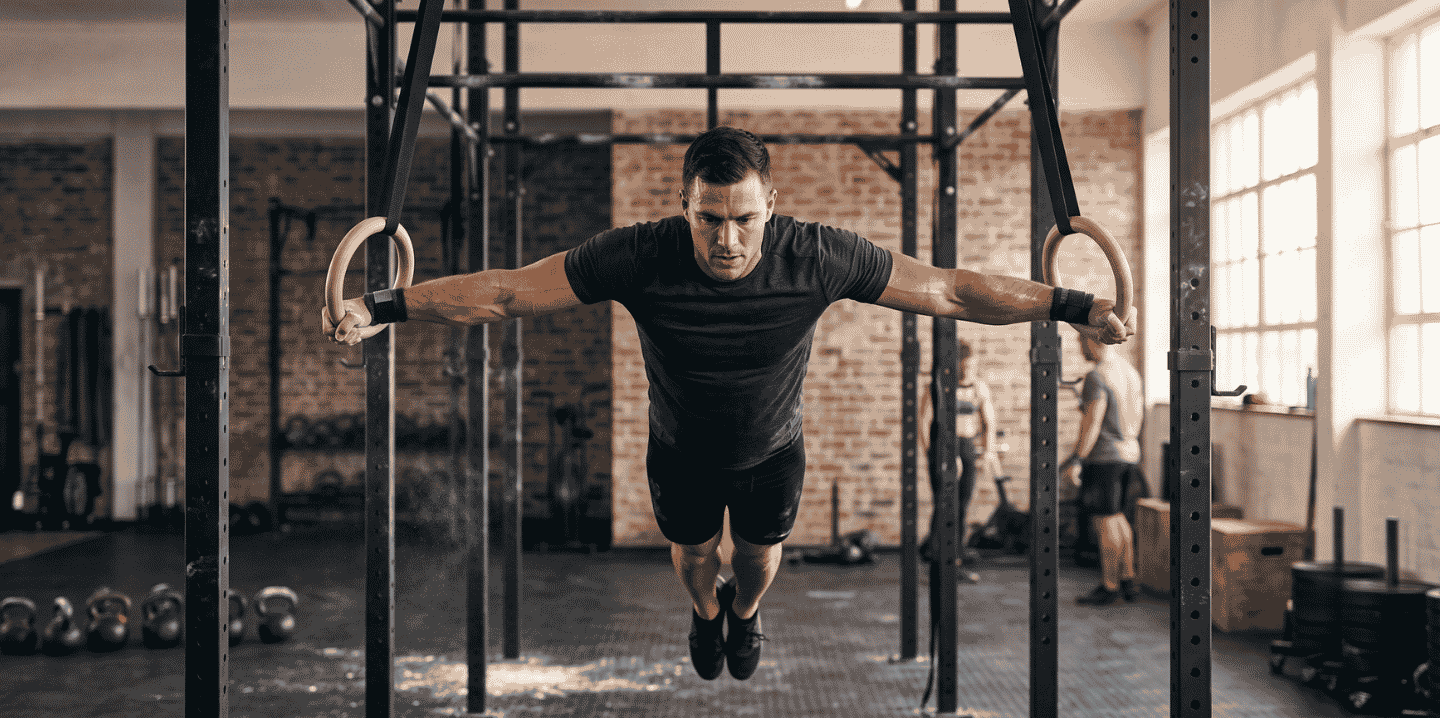 An advanced athlete performing an iron cross hold on gymnastic rings inside a gym