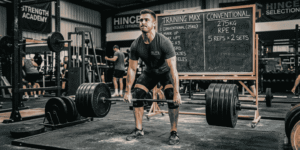 An advanced male lifter performing a heavy conventional deadlift with perfect form inside a strength training gym