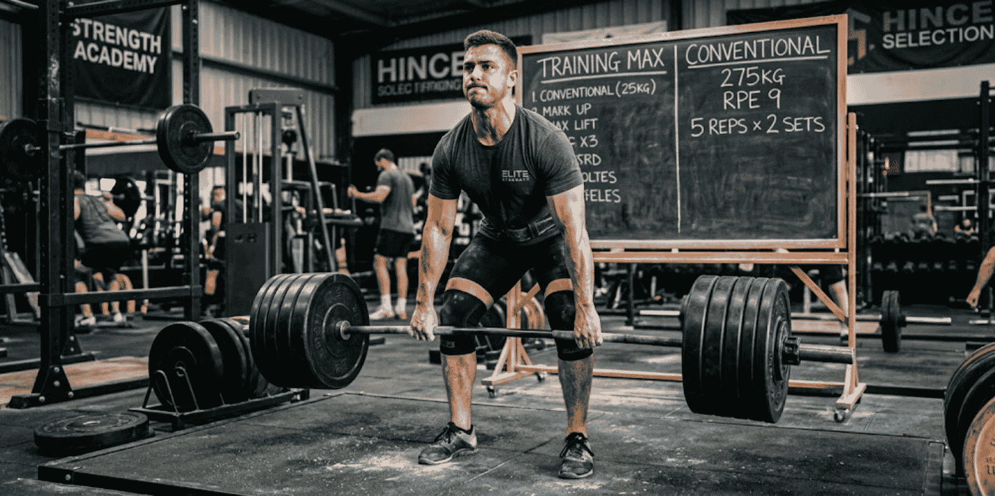 An advanced male lifter performing a heavy conventional deadlift with perfect form inside a strength training gym