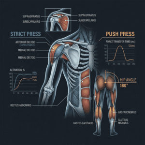 An anatomical diagram of the upper and lower back musculature, with labels for the strict press and push press
