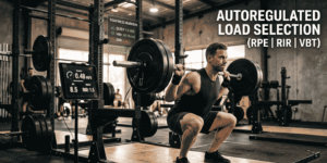 An athlete performing a barbell squat in a gym with digital screens displaying VBT metrics (0.48 m/s) and readiness markers