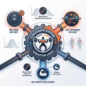 An infographic showing the core principles of the Conjugate System, with specific sections for Max Effort, Dynamic Effort, and Repetition Work training methods