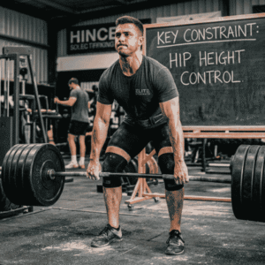 Close-up of a heavy barbell pull from the floor, focusing on a lifter's grip and a chalkboard sign reading 'HIP HEIGHT CONTROL'