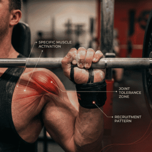 Close-up of a lifter's hand gripping a barbell, featuring a glowing red anatomical overlay of the shoulder muscles with technical joint labels