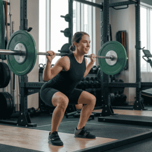 Female athlete in the bottom position of a back squat
