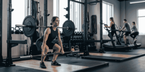 Female athlete lifting heavy barbell in a gym