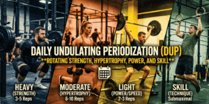 Four-panel collage demonstrating Daily Undulating Periodization (DUP) training zones: heavy strength squat, moderate hypertrophy lunge, light power snatch, and skill pull-up