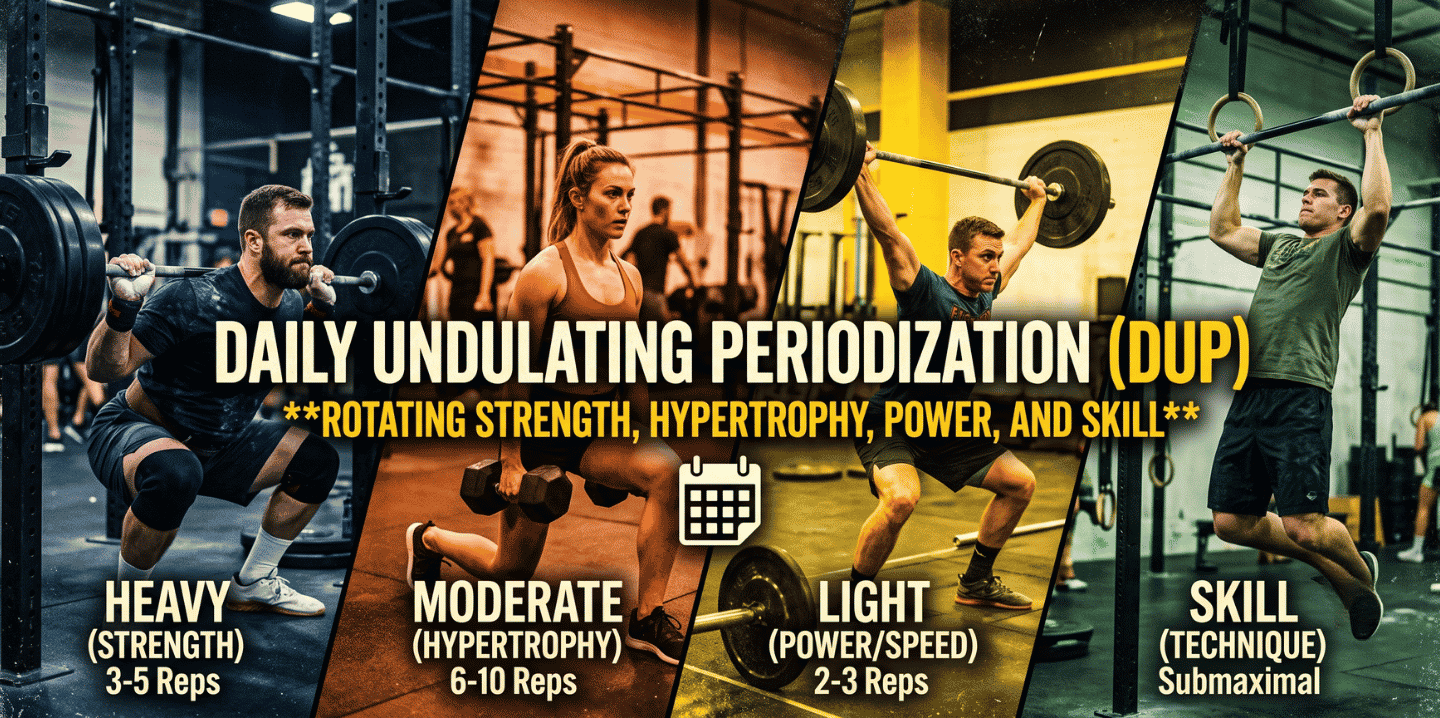 Four-panel collage demonstrating Daily Undulating Periodization (DUP) training zones: heavy strength squat, moderate hypertrophy lunge, light power snatch, and skill pull-up