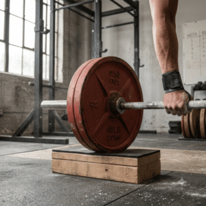 Lifter performing a block pull deadlift