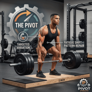Lifter performing a deficit deadlift variation during a training pivot block