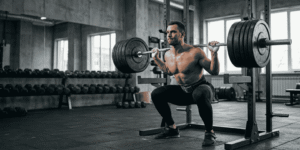 Shirtless man performing a heavy squat in a power rack at a gym