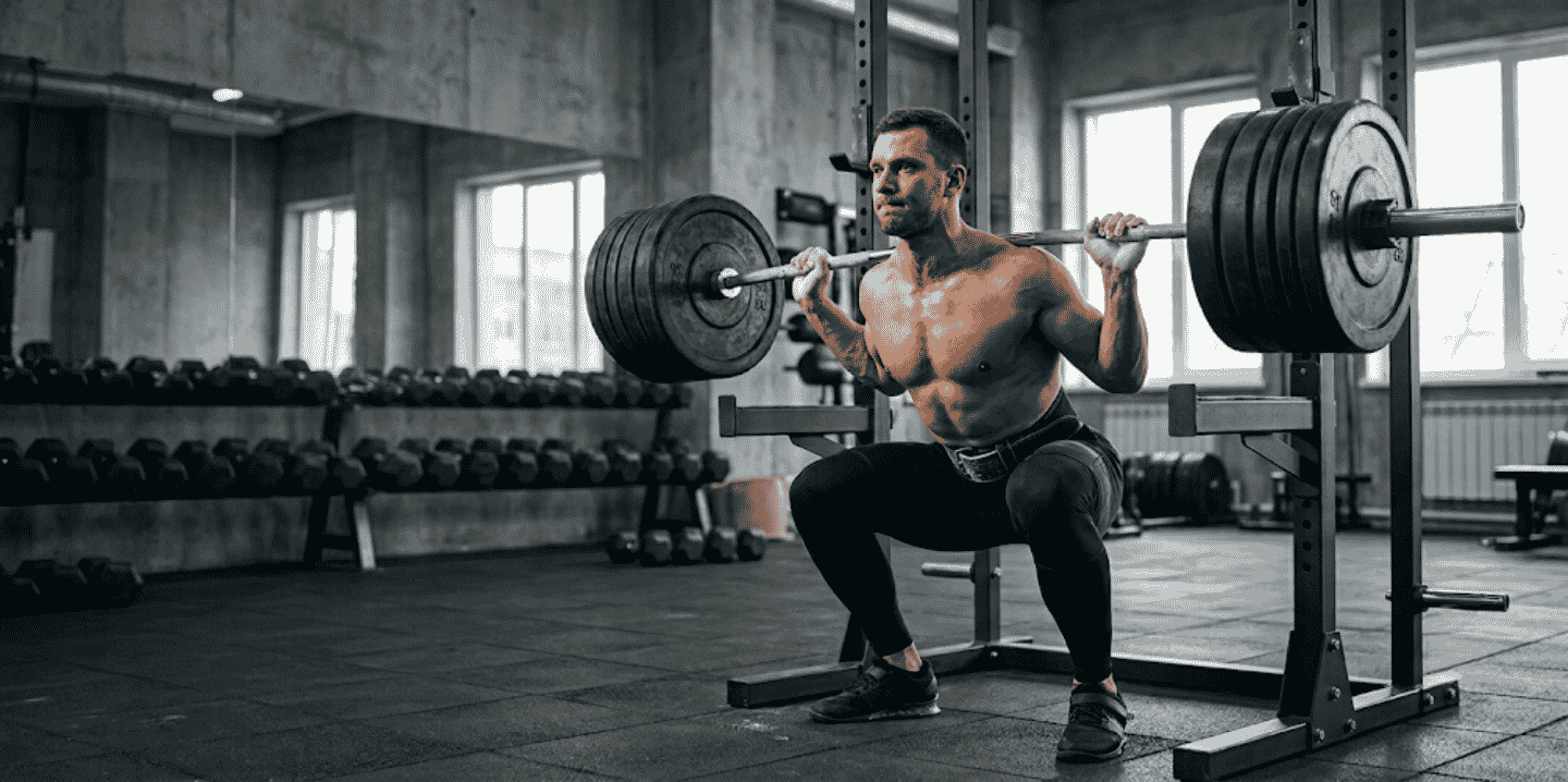 Shirtless man performing a heavy squat in a power rack at a gym