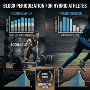 Square infographic detailing block periodization for hybrid athletes, charting accumulation, intensification, and realization phases alongside lifting and running visuals